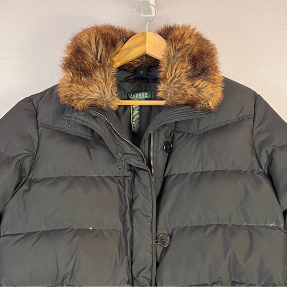 Ralph Lauren Black Quilted Down Puffer Coat Womens Large Removable Fur Trim - Picture 3 of 12